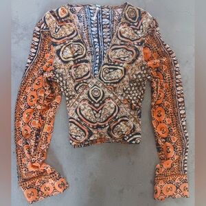 FREE PEOPLE Deep V Neck Tribal Print Bohemian Long Sleeve Top SZ S/P